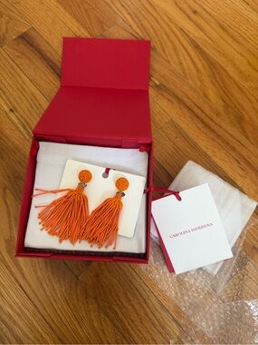 Carolina Herrera Orange Beaded Tassel Drop Earrings NWT